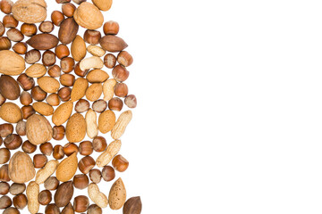 Various nuts arrenged in a pile with copy space, banner or header shape. Png isolated on...