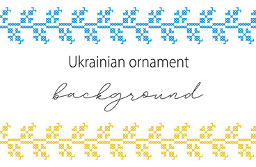Ukrainian vector background, banner, poster.Traditional folk, ethnic ornament. Border in yellow and blue Ukrainian flag colors. Pixel art, vyshyvanka, cross stitch