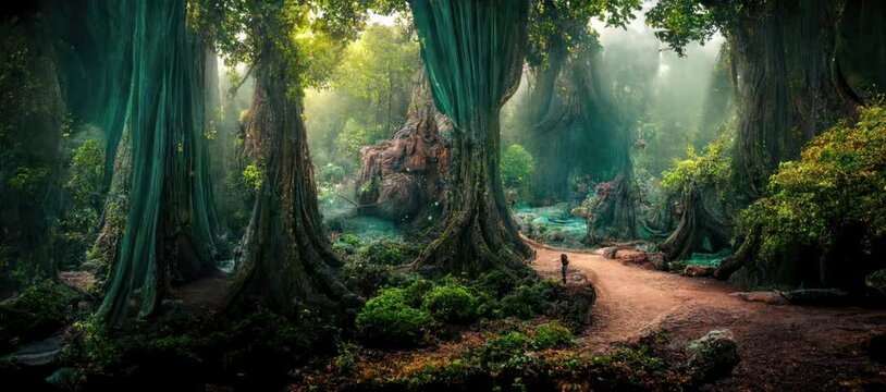 Fairytale forest with giant green trees, path and fireflies. Fantasy background.