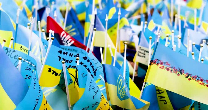 blue-yellow flags of ukraine with a trident in memory of those killed in the war between ukraine and russia. 