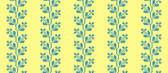 Ukrainian vector seamless fashion pattern, ornament, border. Traditional folk, ethnic pattern. Decoration in yellow and blue. Ukrainian fashion pattern. Pixel art, vyshyvanka, cross stitch