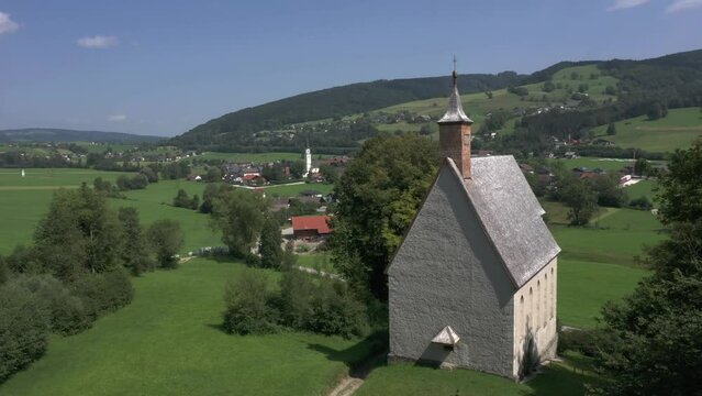 aerial view of the konrad church in oberwang, austrian region salzkammergut,travel photography by drone,