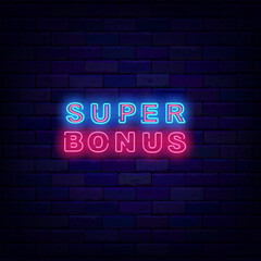 Super bonus neon sign on brick wall. Casino and lottery label. Glowing logo. Special offer concept. Vector illustration