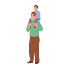 Family time and relationship, isolated father carrying child on neck. Dad and son spending weekends together. Flat cartoon character, vector illustration
