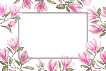 Pink watercolor frame. blossom elegant magnolia.
