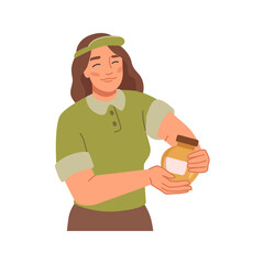 Seller offering home made organic and natural honey product from farm. Isolated woman in sales, business deal. Flat cartoon character, vector illustration