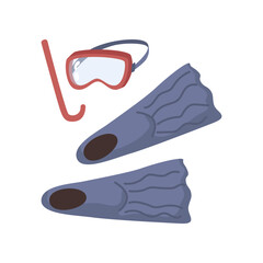 Snorkeling set for scuba diving hobby and underwater submerging. Isolated rubber flippers and mark glass with pipe for breathing. Vector in flat cartoon style