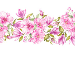 Obraz na płótnie Canvas Magnolia watercolor square frame. botanical floral illustration. Seamless border