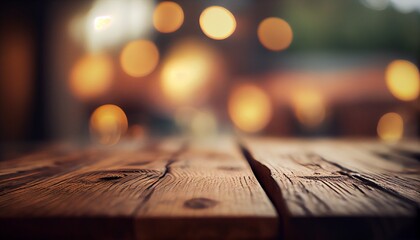 Empty wood table top with blurred bokeh cafe background. Can use this image to showcase or montage your items. Blurred coffee shop interior background. Generative AI.