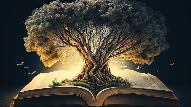 Book or tree of knowledge concept with an oak tree growing from an old open book