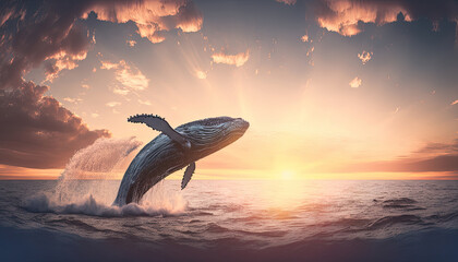 Jumping Humpback Whale Over the Water. Sunset background. Photo Wallpaper. Generative AI