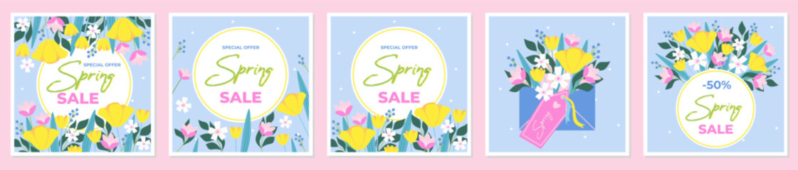Up to 50% off Spring Sale banne template typography. Light blue background with bright spring flowers. Vector illustration