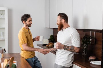 Gay couple with cups of coffee holding hands in kitchen at home.