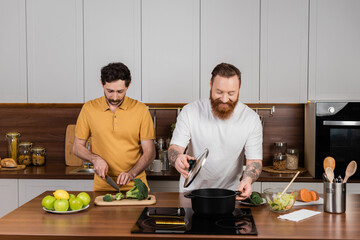 Bearded same sex couple cooking together in kitchen.
