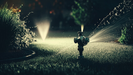 Sprinklers watering the green lawn. Automatic irrigation system. - obrazy, fototapety, plakaty