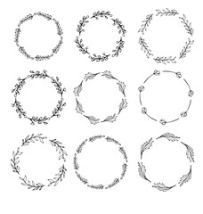 Hand drawn circle frames, wedding ornament collection vector illustration