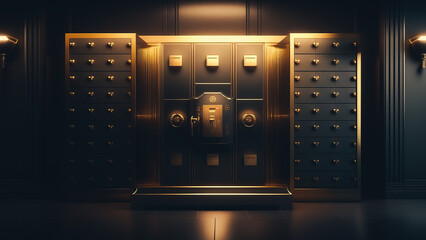 Bank deposit lockers with closed steel doors and black open safe box with white light inside, angle view