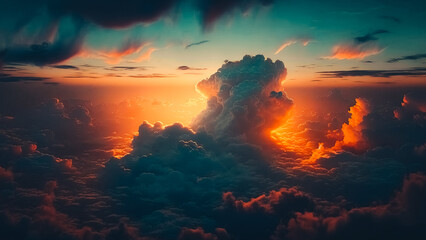 Fototapeta na wymiar Beautiful dramatic sunset sky above fluffy clouds early in the morning from aerial drone view.