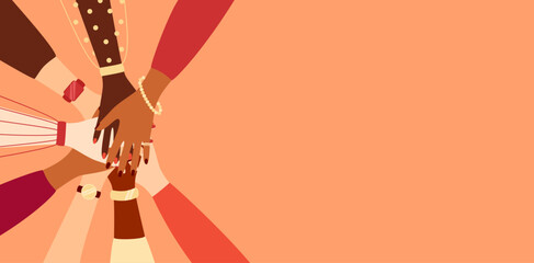 Hands of women of different ethnicities making unity gesture, copy space. International group of friends. Vector illustration in flat style