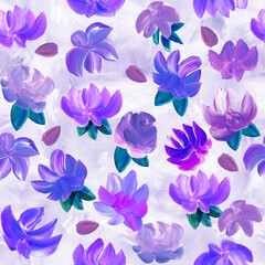 Fototapeta na wymiar Seamless pattern of abstract purple flowers, art painting, creative hand painted background, brush texture, acrylic painting on canvas.
