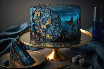 Modern blue cake with chocolate velor and isomalt decor, AI generated