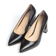 Black Women's Business Comfortable Leather Office Shoes with Wide Heel with Sharp toe on White Background