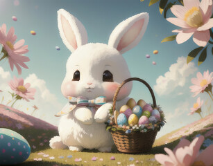 Cute white bunny with a wicker basket on a sunny meadow, Grass, flowers, Easter symbolism with Easter eggs, and Easter white Rabbit generative ai.