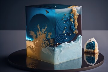 Modern blue cake with chocolate velor and isomalt decor, AI generated