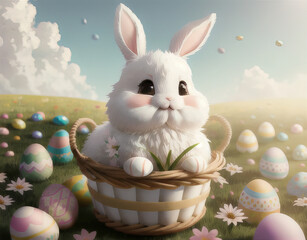 Cute white bunny with a wicker basket on a sunny meadow, Grass, flowers, Easter symbolism with Easter eggs, and Easter white Rabbit generative ai.