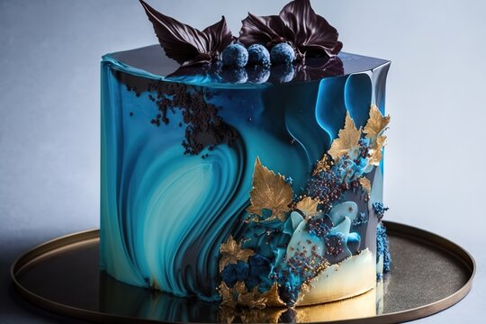 Modern blue cake with chocolate velor and isomalt decor, AI generated