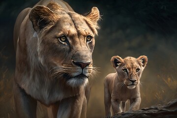 Fototapeta na wymiar Wallpaper Illustration and background of a lion family together, in a natural habitat, realistic illustration. Front view. Concept of animal, wild world. Generative AI