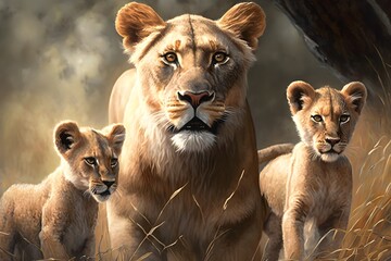 Wallpaper Illustration and background of a lion family together, in a natural habitat, realistic illustration. Front view. Concept of animal, wild world. Generative AI