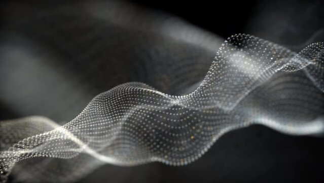 Abstract mesh black and white digital particles wave flow for futuristic hi tech technology background,Motion of digital data flow.big data background concept. Cyber or technology background