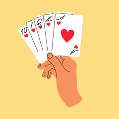 Vector illustration hand holding playing cards. Doodle concept for casino,