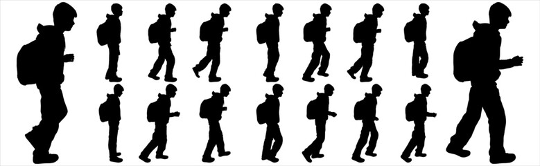 Black silhouette, schoolboy with a backpack. The student is standing. The boy takes a step. Children walk one after another. Go back to school. The idea of education. Backpack. Backpack. Side view.