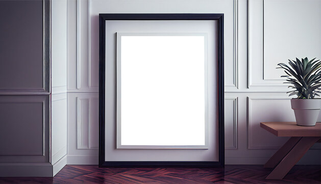 Vertical wooden frame mock up. Wooden frame poster on wooden floor with white wall. Ai generative 3D illustration.