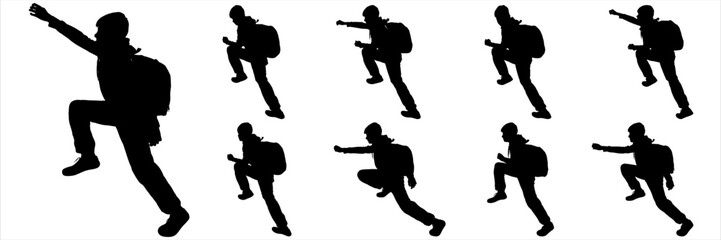 Fototapeta na wymiar A teenager with a backpack behind his back climbs up. Climbing climb. Tourist teenager lends a helping hand. Rescuer. Sport. Sideways. Boy going up on a slope. Black silhouette isolated on white