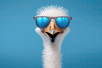 White ostrich with sunglasses. - obrazy, fototapety, plakaty