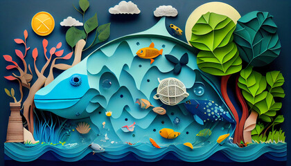 Paper art , Saving world Environment day, Ecology water day , environmental protection and save earth water , Generate Ai