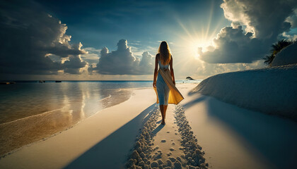 Enjoying the blissful solitude, A woman walking on a serene beach, Generative AI