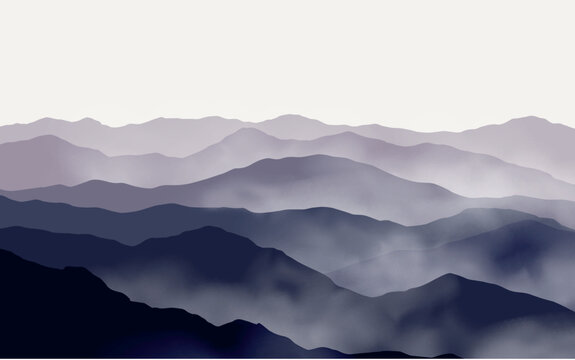 Vector vibrant purple landscape with silhouettes of misty mountains and hills