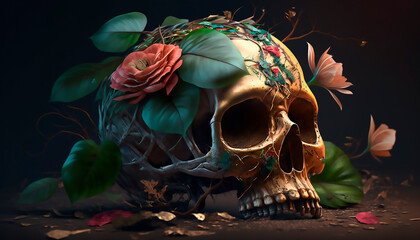 Skull with roses. Human Skull in Beautiful Flowers. Halloween images. Day of the Dead. Generative ai