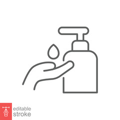 Hand sanitizer icon, line style. Washing hand with sanitizer liquid soap. Vector illustration. Design on white background. Editable stroke EPS 10.