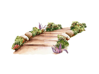 Garden path watercolor illustration