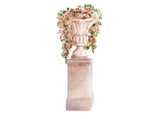 Marble flower pot antique style garden watercolor illustration