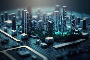 Smart green city on circuit board background. Futuristic cyberspace concept. Generated AI