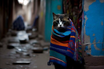 Fototapeta na wymiar cat wearing a colourful Guatemalan textile scarf (AI Generated)