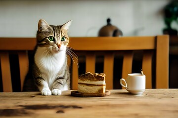 cat looking at a table with a cup of coffee and a slice of cake (AI Generated)