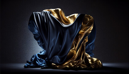 Gold and blue silk fabric crumpled in the studio room. Generative AI