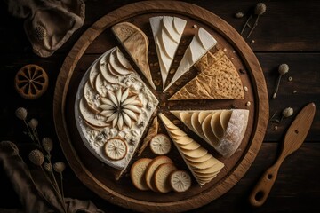 Fototapeta na wymiar Top view of an assortment of bread on a wooden plate. Generative AI illustration.